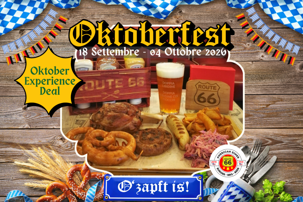 Promotional Oktoberfest poster with German foods, beer, Route 66 decor, and a yellow 'Oktober Experience Deal' badge.